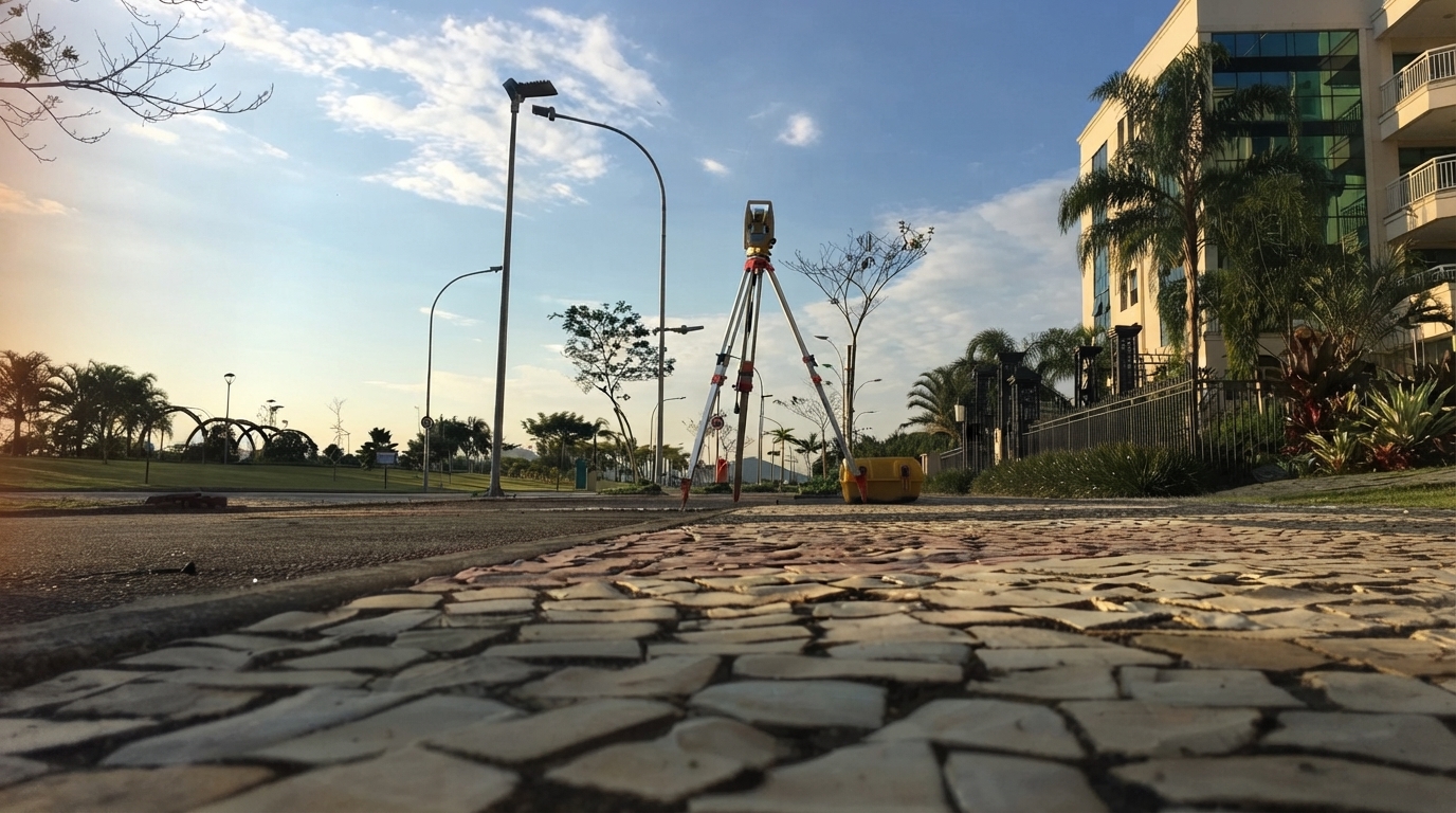 Estação total em tripé utilizada na locação de equipamentos de topografia para levantamentos em área urbana.
