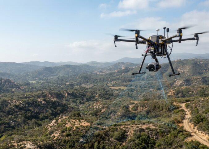Drone equipado com sensor LiDAR realizando levantamento topográfico e mapeamento aéreo de terreno.