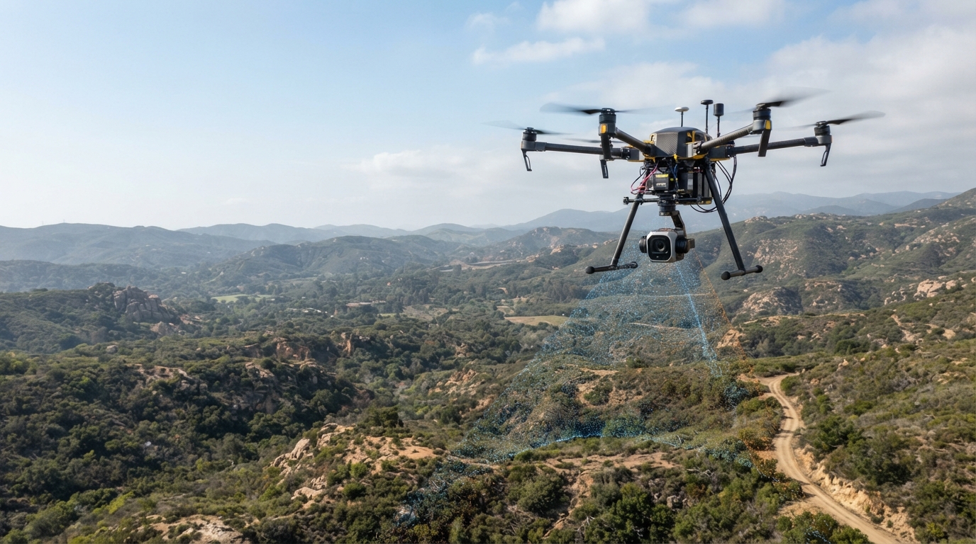 Drone equipado com sensor LiDAR realizando levantamento topográfico e mapeamento aéreo de terreno.