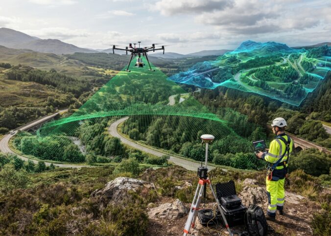 Drone equipado com sensor LiDAR realizando mapeamento topográfico de alta precisão e gerando modelo tridimensional do terreno.