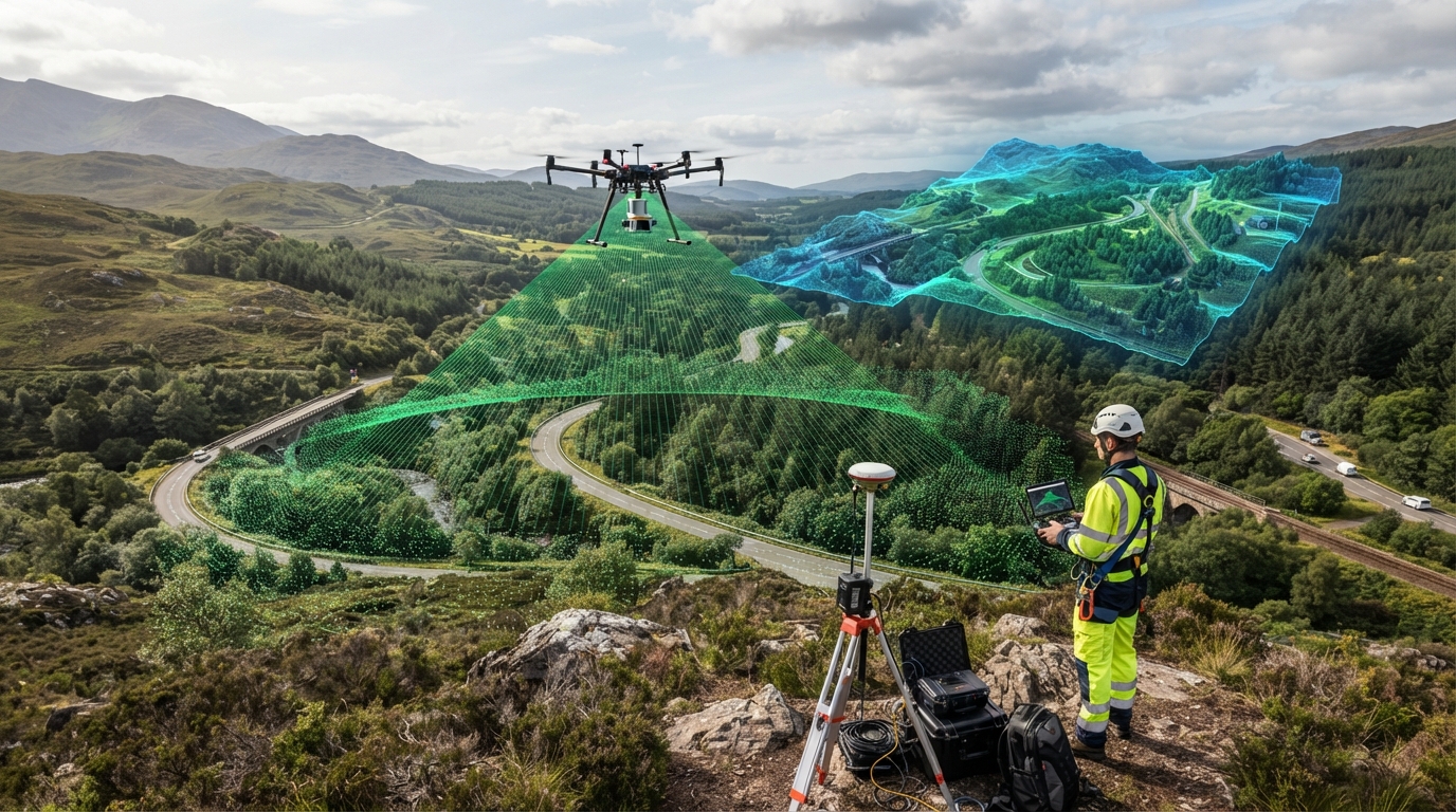 Drone equipado com sensor LiDAR realizando mapeamento topográfico de alta precisão e gerando modelo tridimensional do terreno.