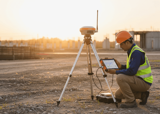 Técnico transferindo dados de receptor GNSS para notebook em campo, representando armazenamento GNSS seguro.