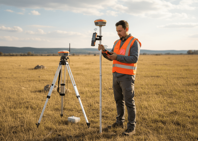 Técnico realizando levantamento GNSS RTK com receptor CHCNAV em campo para recuperar dados RTK com segurança