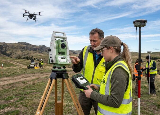 Profissional analisando opções de curso de topografia com equipamentos como estação total, GNSS e drone em campo