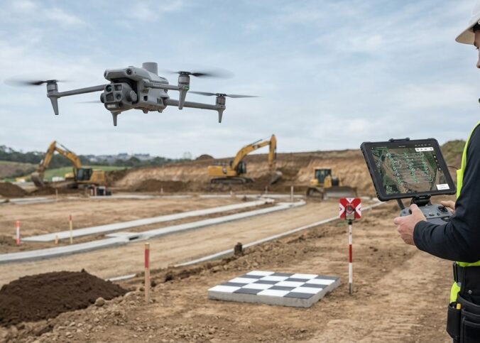 Locação de drone na topografia com operador realizando levantamento aéreo em obra