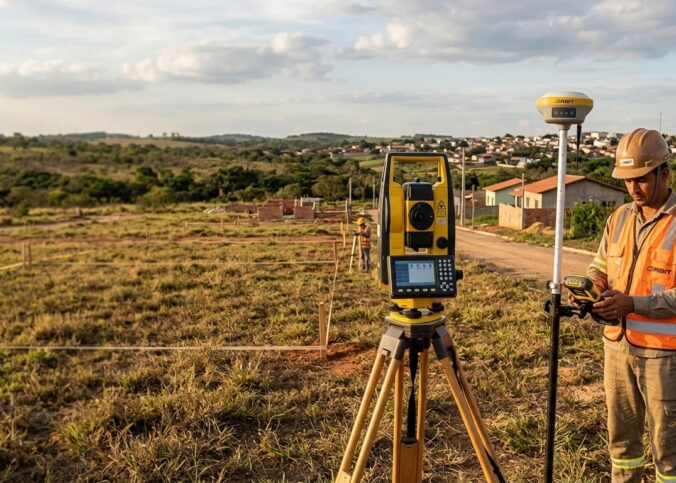 Profissional de agrimensura realizando levantamento com GNSS RTK e estação total em campo