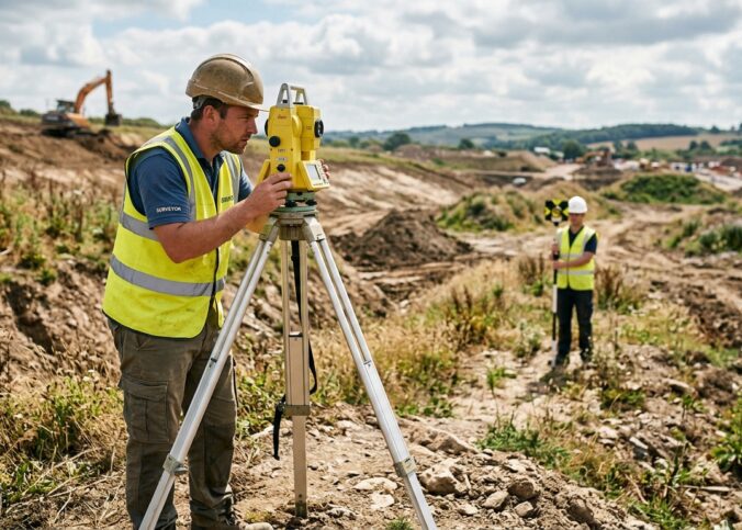 Topógrafo realizando levantamento altimétrico com estação total em terreno com variações de nível