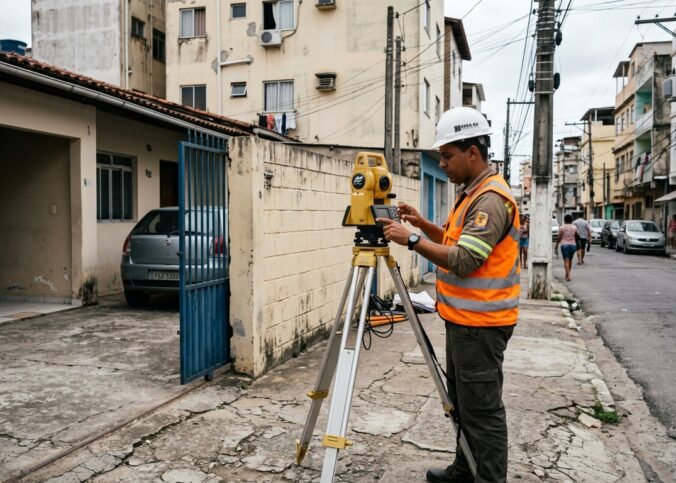 Levantamento cadastral em área urbana brasileira com uso de estação total e edificações ao redor