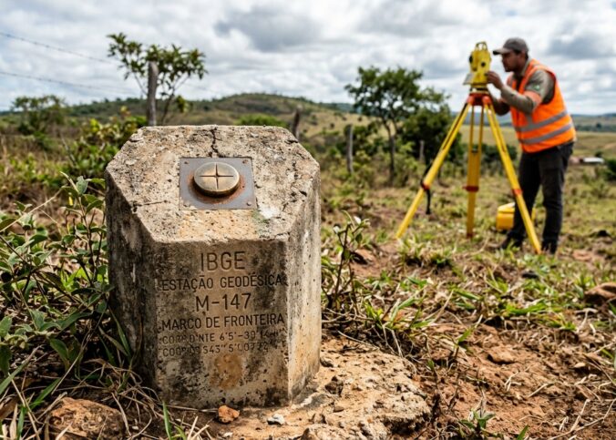Marco topográfico de concreto implantado no solo com pino metálico central sendo utilizado em levantamento topográfico de campo