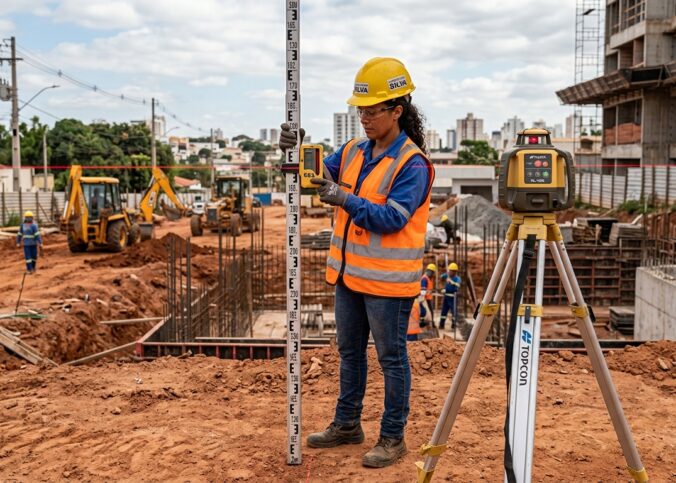 Nível a laser na topografia sendo utilizado para controle de cotas em obra