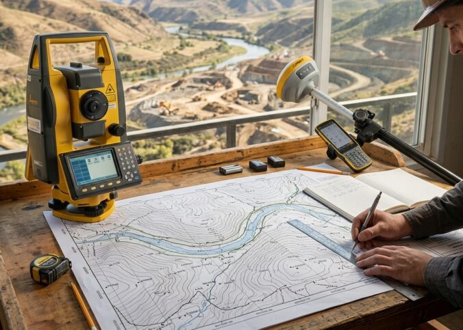 Planta topográfica detalhada com curvas de nível, coordenadas e análise de terreno em levantamento topográfico
