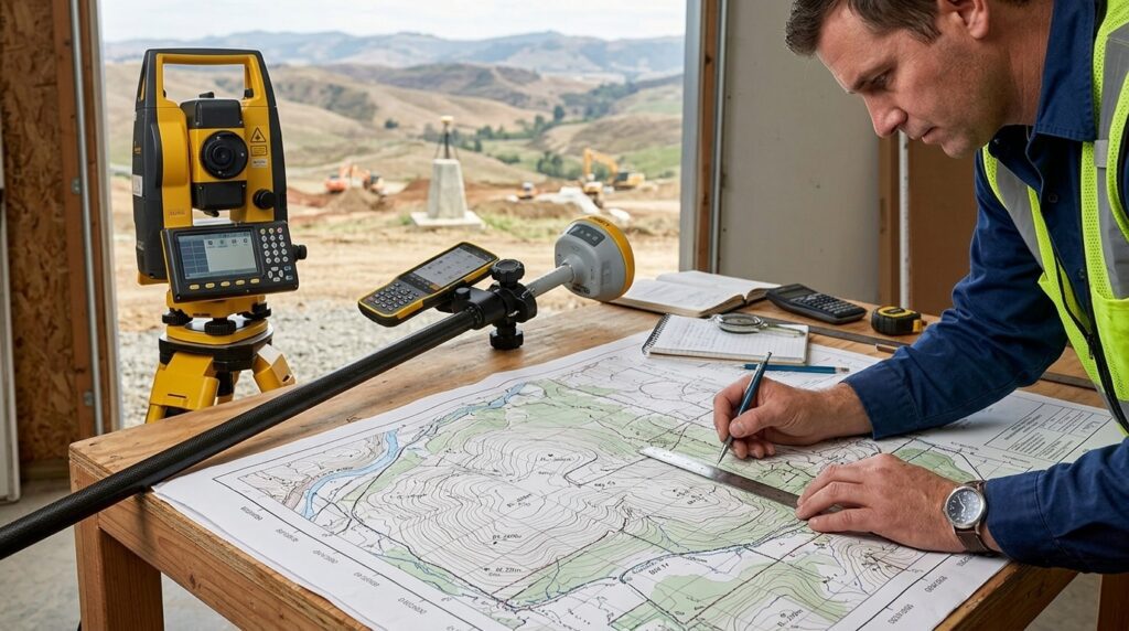 Engenheiro analisando planta topográfica para projeto de obra e infraestrutura