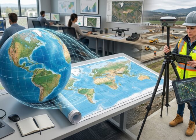 Ilustração realista de projeção cartográfica mostrando a transformação da Terra em mapa plano com uso de GNSS em topografia