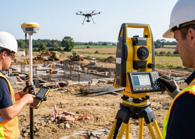 Profissional realizando serviços de topografia em campo com estação total e GNSS RTK em área urbana e rural