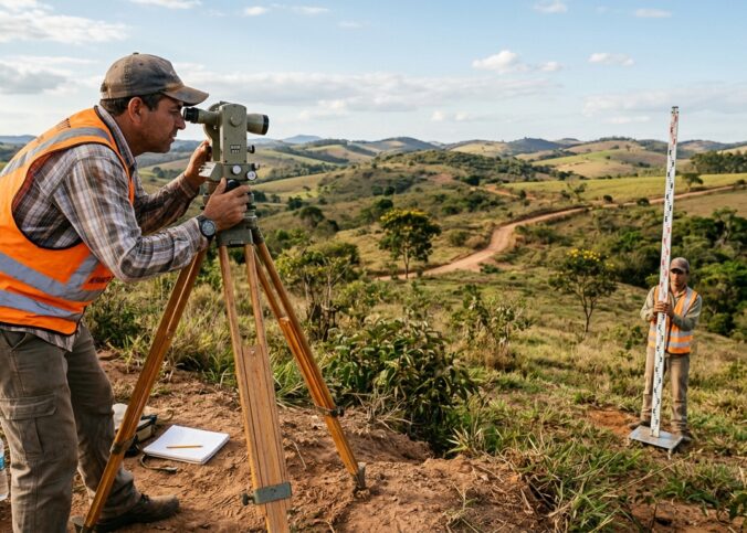Levantamento de taqueometria na topografia com teodolito e mira graduada em campo