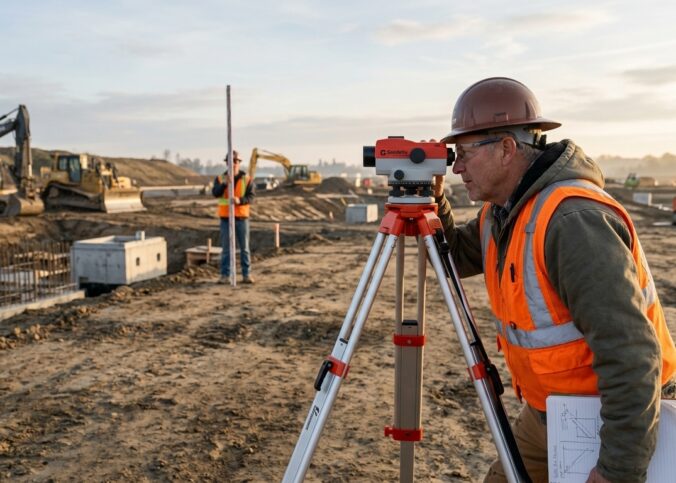 Topógrafo utilizando nível topográfico para nivelamento e controle de cotas em obra de infraestrutura