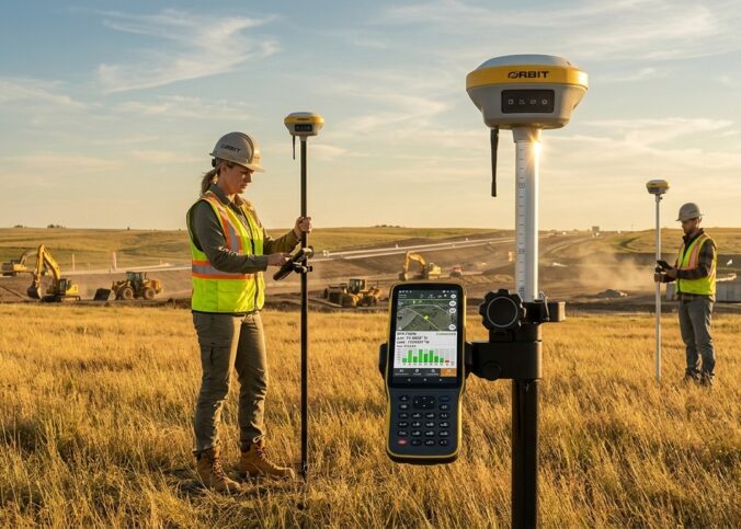 Topógrafo utilizando equipamento GNSS RTK em levantamento topográfico com precisão centimétrica