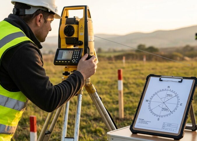 Topógrafo realizando conversão de rumo em azimute durante levantamento topográfico com estação total