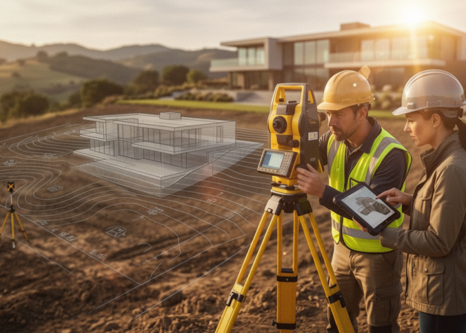 Topógrafo e arquiteto realizando levantamento topográfico para implantação de projeto arquitetônico