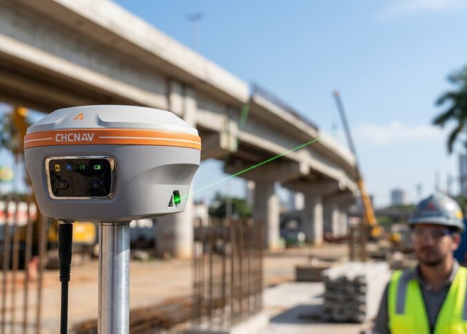 Receptor GNSS CHCNAV i85 em primeiro plano durante levantamento topográfico em obra de infraestrutura no Brasil, com tecnologias de laser e IMU.