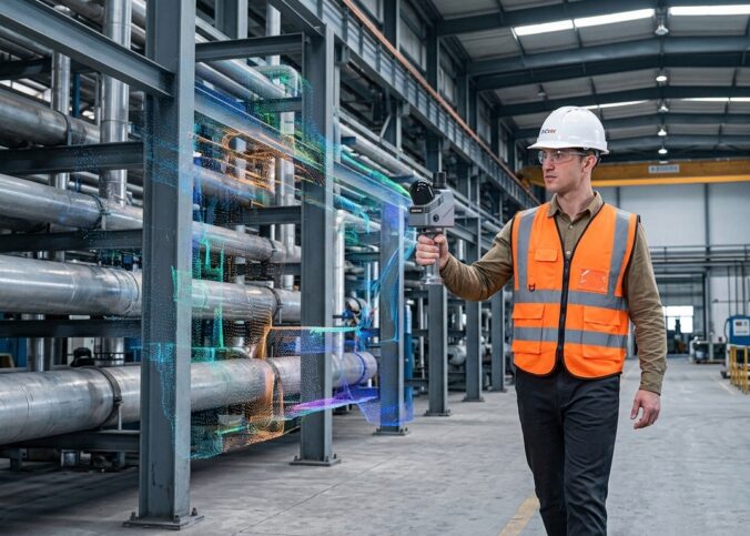 Operador utilizando o scanner LiDAR SLAM CHCNAV RS7 para captura de nuvem de pontos 3D em ambiente industrial