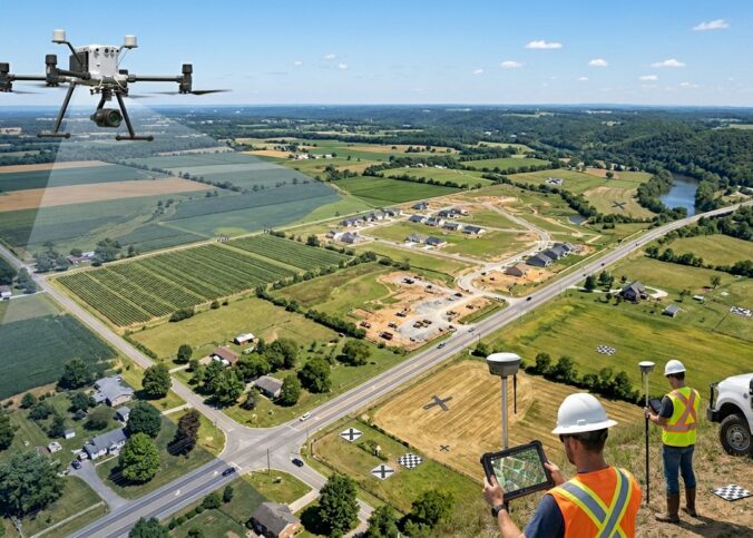 Drone realizando levantamento fotogramétrico para geração de ortomosaico georreferenciado de alta resolução.