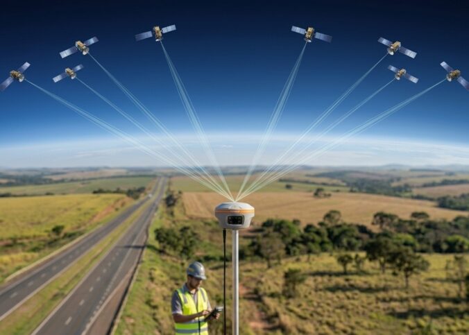 Representação realista do serviço PointSky com satélites enviando correções GNSS para um receptor em área aberta no Brasil.